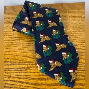 Vintage Robert Stock Silk Neck Tie Navy Blue Christmas Puppy Santa‎ Present